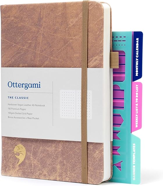 Ottergami Bullet Dotted Journal Set | Hardcover 150gsm Dotted Notebook | A5 Dot Grid Notebook | Dot Notebook Journaling Kit Includes: Stencils, Rear Pocket & Pen Holder | The Classic