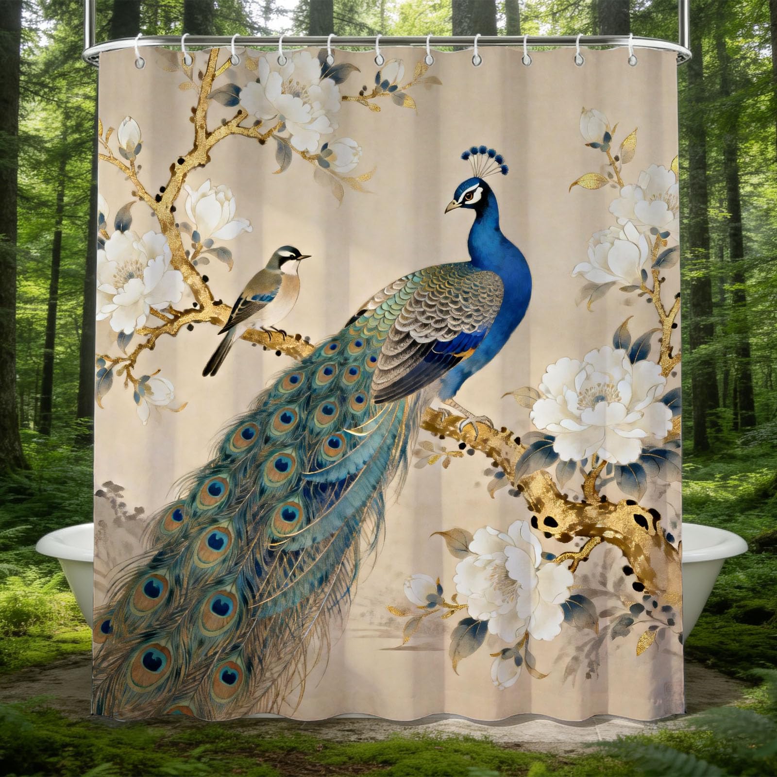 Hongduo 3D Peacock Shower Curtain for Stalls Bathtubs Chinese Style Bathroom Decor Shower Curtain Set Polyester Fabric Waterproof 180x180cm/71X71 Inch with Hooks