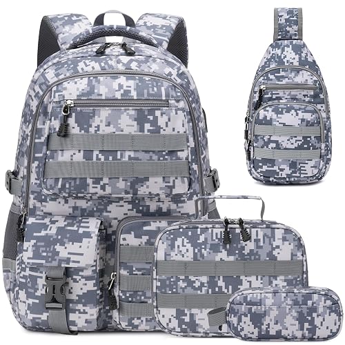 Camo Backpack for Boys 4PCS Kids Tactical Backpack Set, Camo Dark Grey