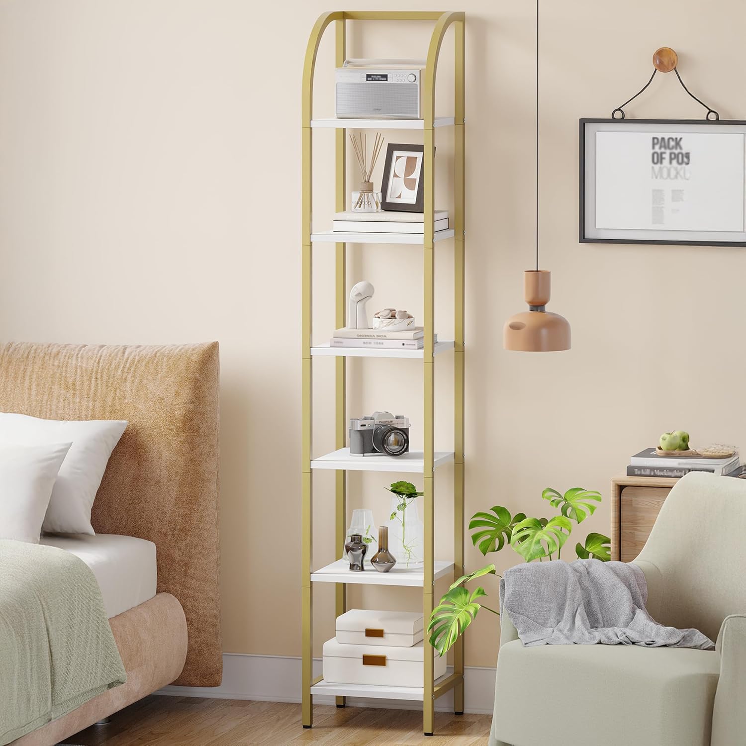 Bookshelf Bookcase Narrow Bookcase Shelf Organizer with Steel Frame for Study Living Room Bedroom Kitchen Home Office Industrial Bookshelf 6-Tier White Gold BC56013A