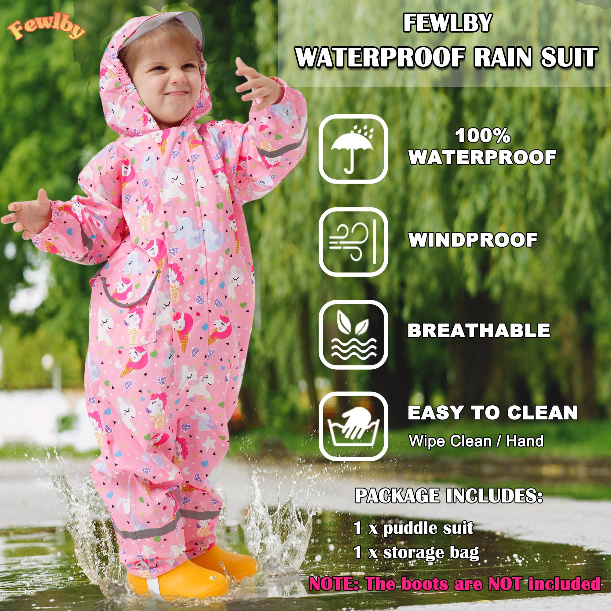 Fewlby Tuta Impermeabile Bambini Tuta Pioggia, Poncho Antipioggia con Cappuccio Bambino Giacche Impermeabili Ragazze Ragazzi Giacche da Pioggia in Cartone Animato per 1-10 Anni
