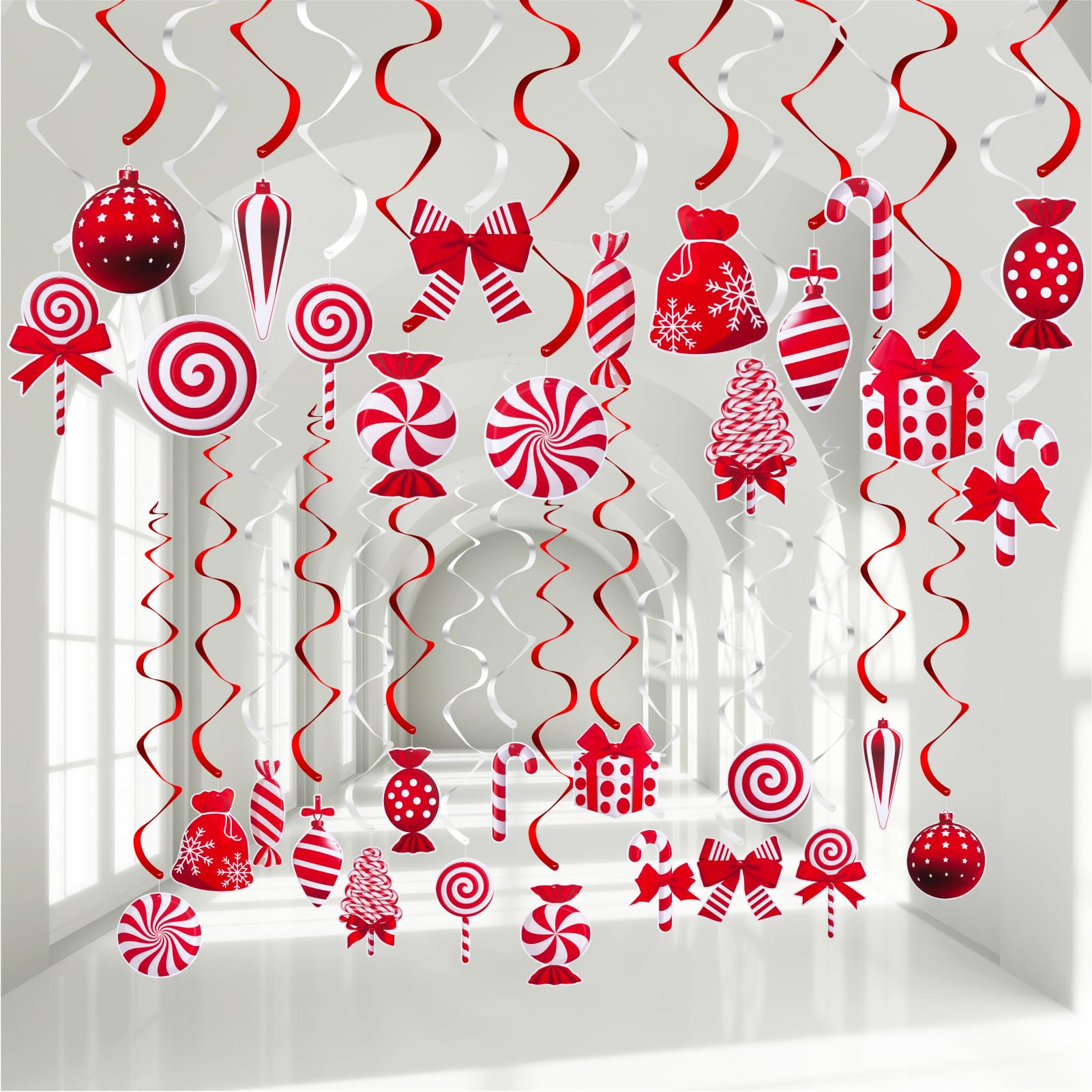 32 PCS Candy Cane Christmas Party Decorations, Red White Candy Lollipop Peppermint Ceiling Hanging Swirls Decorations, Xmas Streamers Home Candyland Holiday Candy Themed Party Ornaments Decor