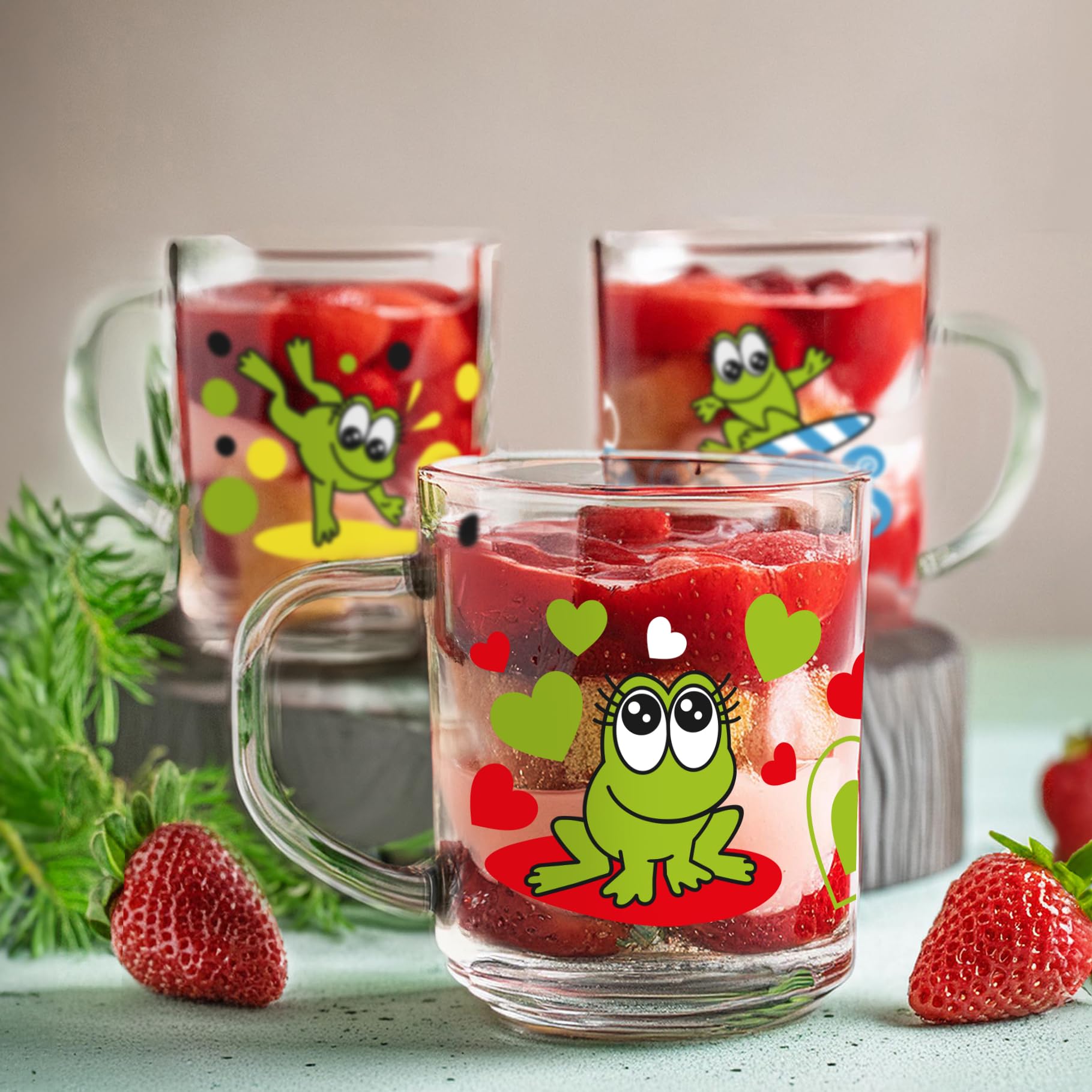 Glasmark KROSNO 1992 Juego De 6 Tazas De Vidrio Con Asa Para Niños Con Diseño De Ranas Capacidad De 220 ml Para Leche Agua Jugo Szymek