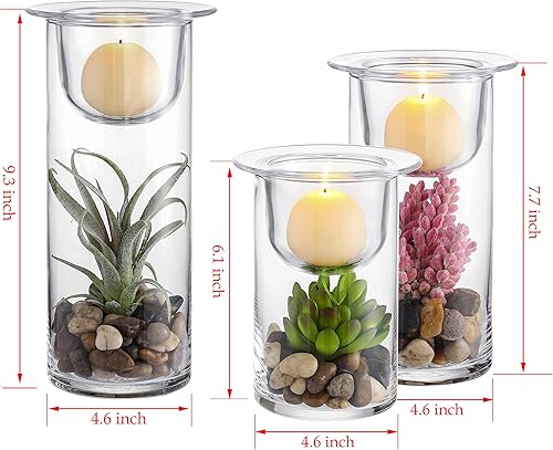 Miniatura 2 de Juego de 3 portavelas cilíndricos de cristal suculentas/decorativas para huracanes con adoquines decorativos y plantas artificiales (sin velas),
