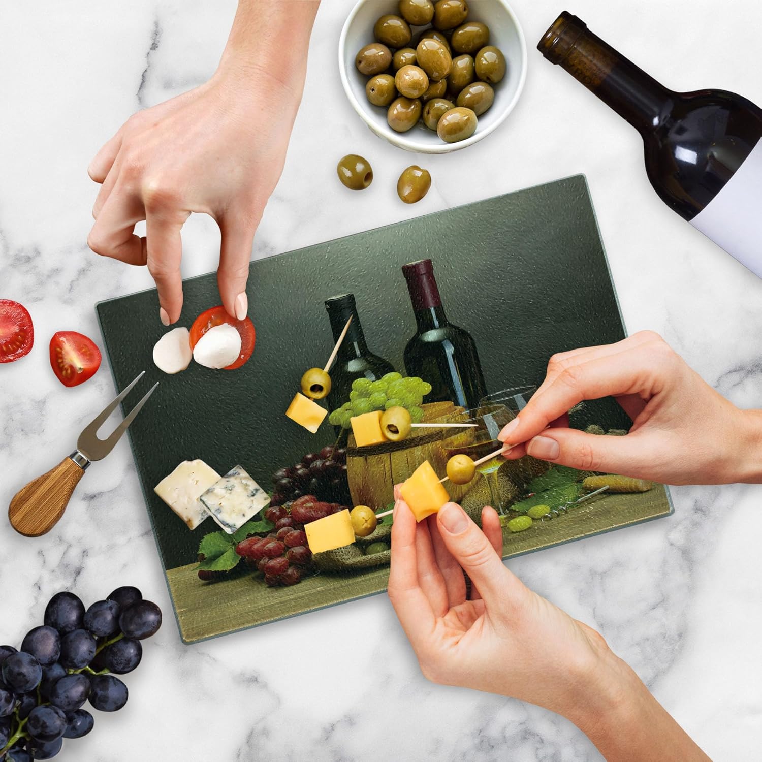 Ambesonne Winery Cutting Board, Barrel Bottles and Glasses of Wine and Ripe Grapes on Wooden Table Picture Print, Decorative Tempered Glass Cutting and Serving Board, Small Size, Grey Taupe