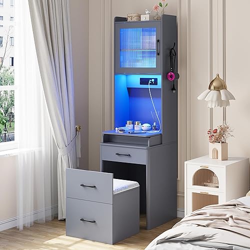 Escritorio de tocador con espejo abatible y luces, tocador de maquillaje con estación de carga, juego de tocador LED con cajonestabureteorganizador