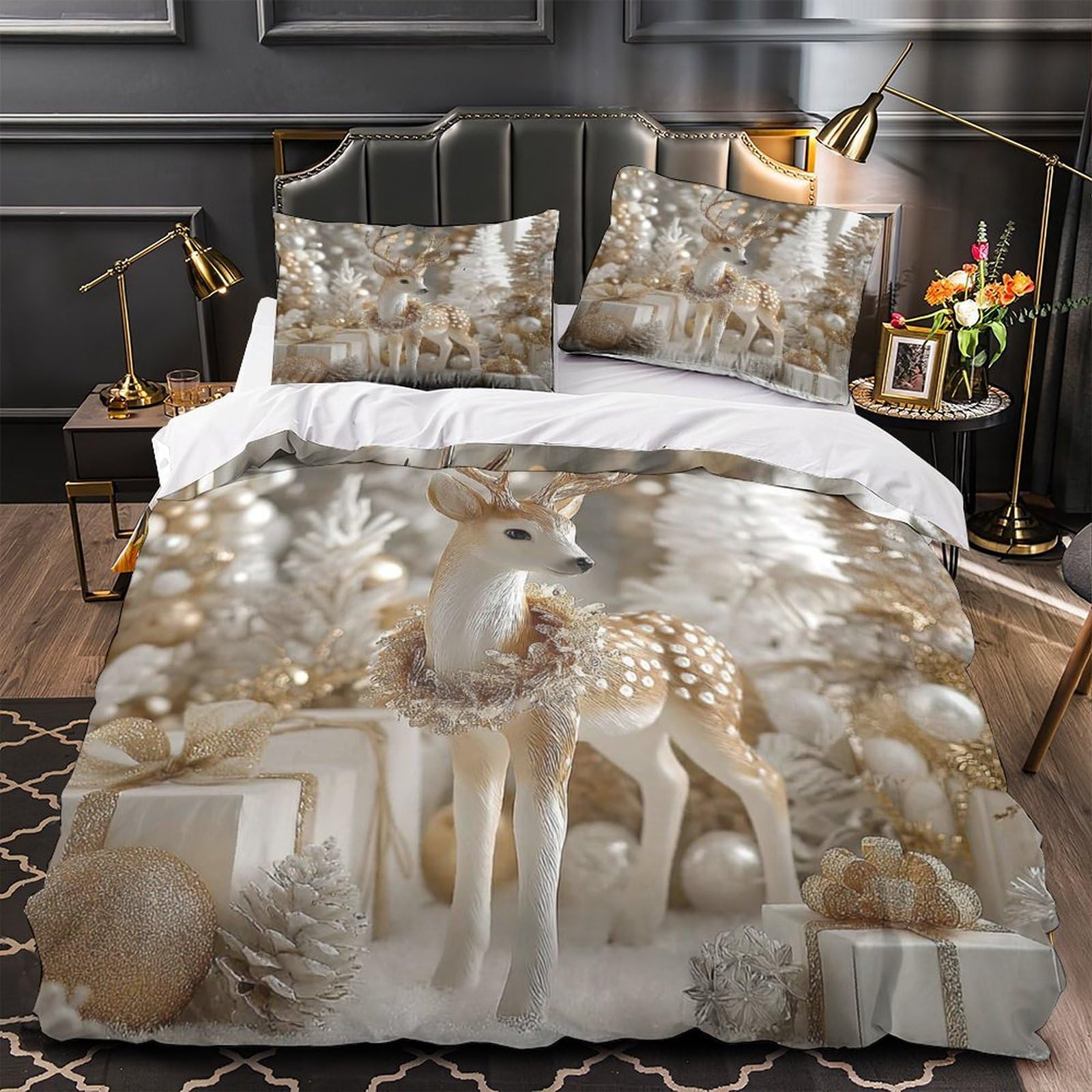 Housse de couette imprimé 3D cerf de Noël en microfibre premium 140x200