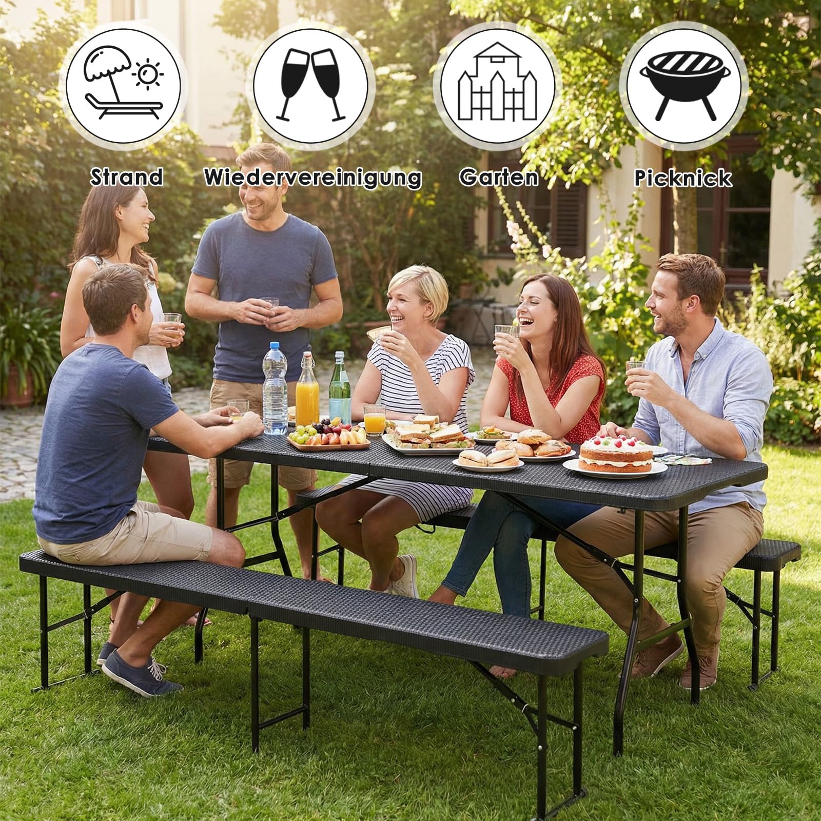 Ensemble Meubles de Jardin 180cm Inclure 1 Table Pliante et 2 pcs Bancs Pliable, Ensemble Table et Bancs de Jardin Plastique Imperméable HDPE,Table Camping pour Piquenique Réceptions, Rotin-Optique