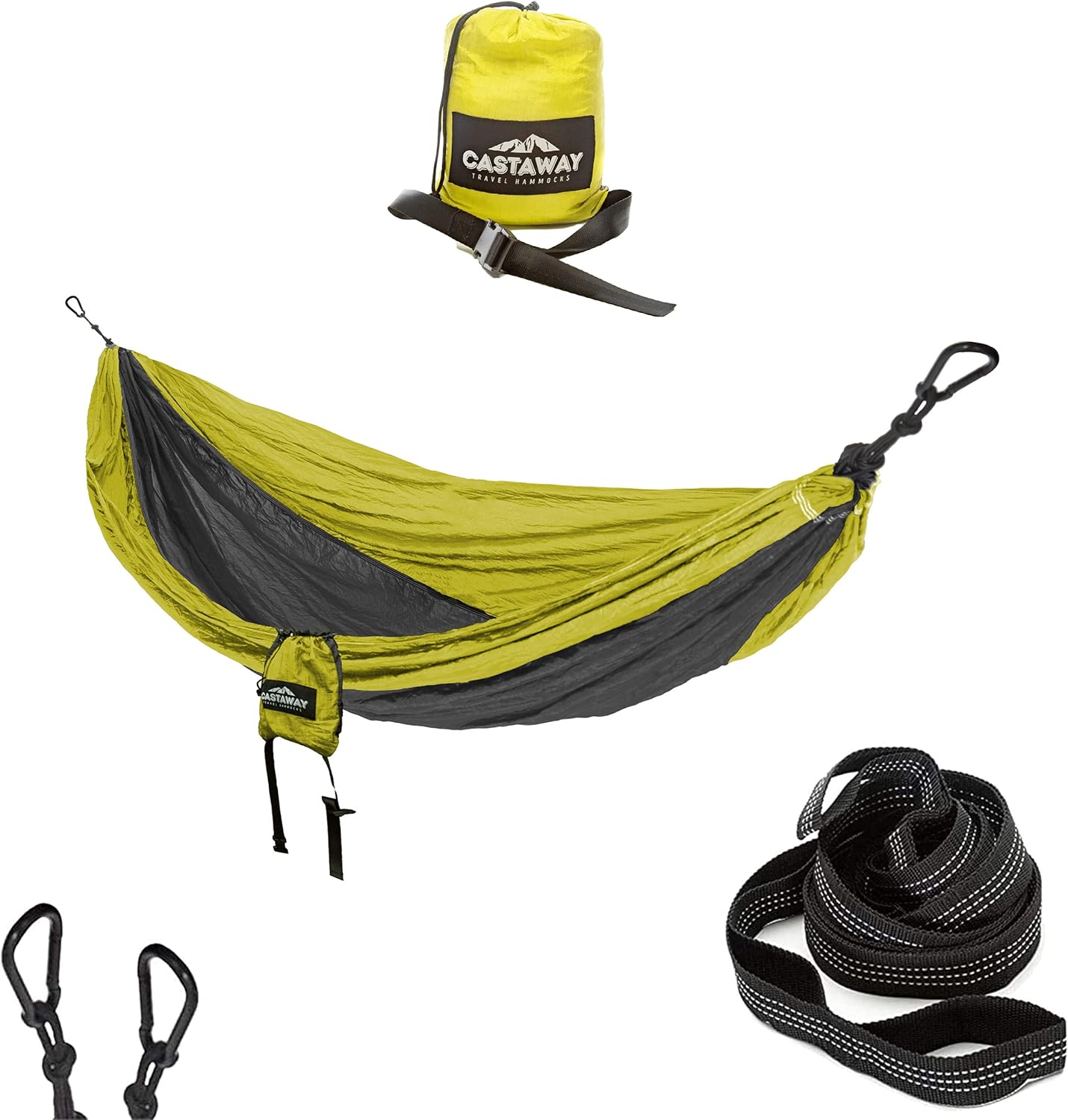 Castaway Travel Hammocks Double Lime/Charcoal Camping Hammock with 2 Tree Straps, Triple Stitched Durable Nylon Material, Compact Design for Backpacking, Travel, Beach, Backyard, Patio, Hiking & More