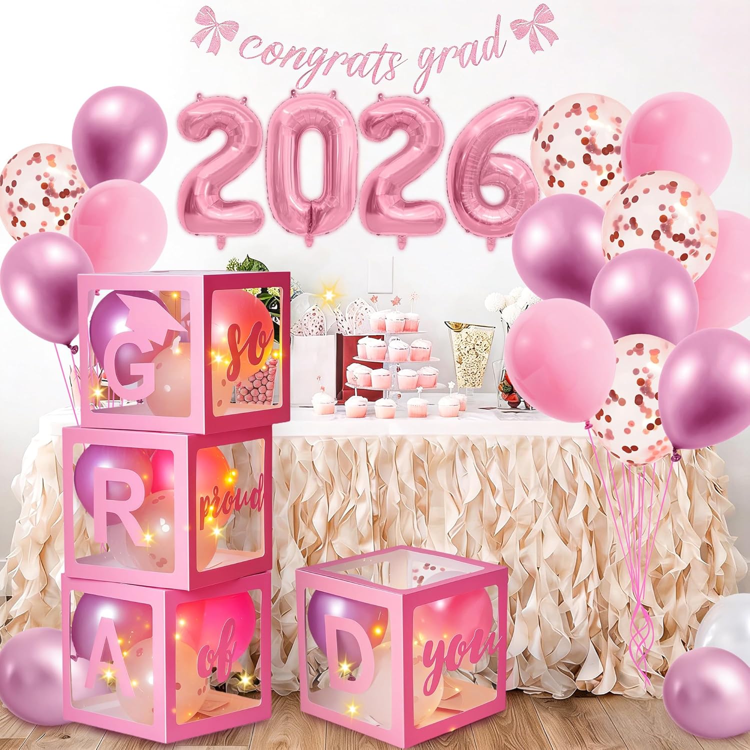 AYGXU Graduation decorations class of 2026 pink- Graduation Decorations, Balloons Box (4PCS) with letters&balloons,2026 balloons,LED String Light,graduation party decorations