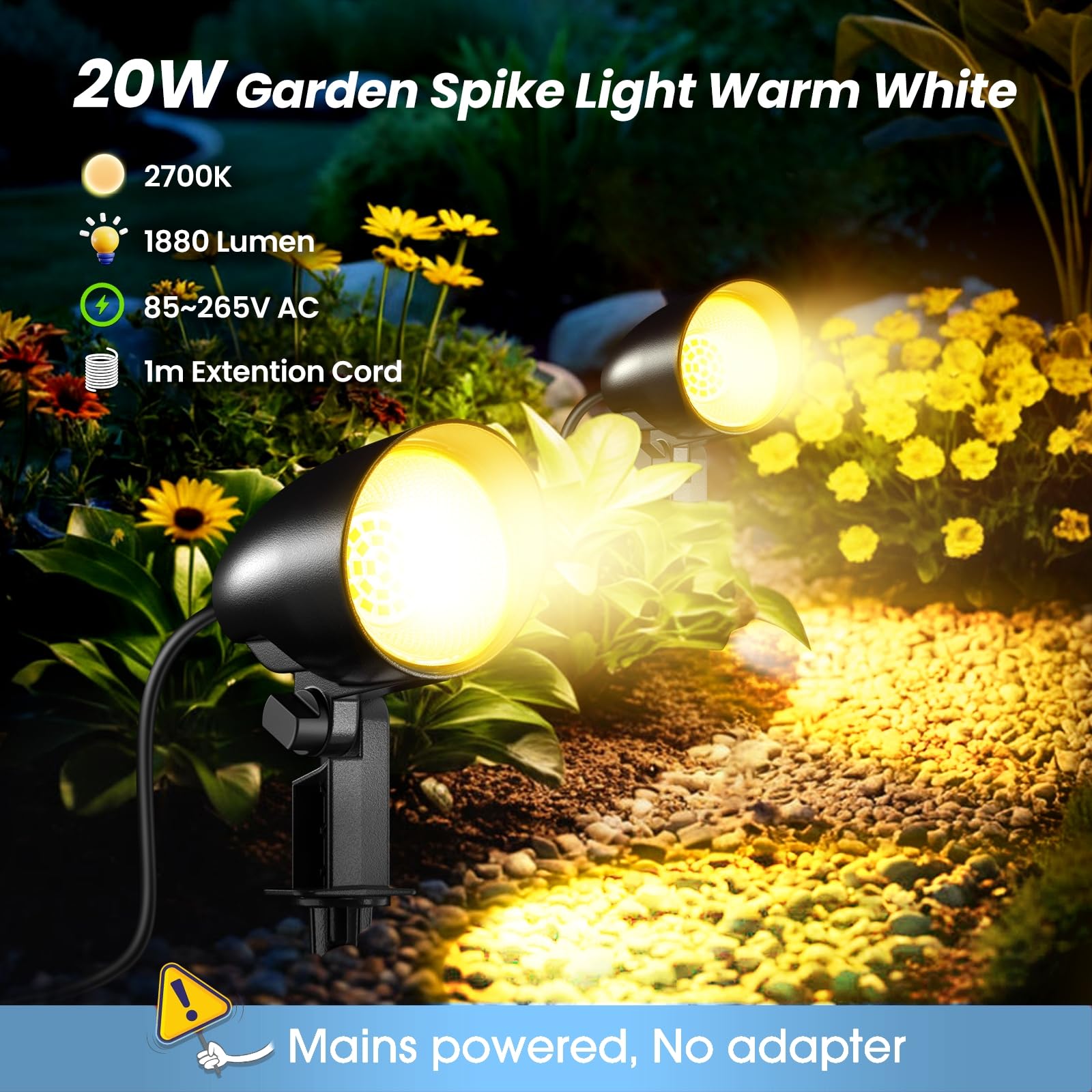 Linke Focos Proyector LED Jardín 20W 85~265V/CA Potente 2000LM Blanca Cálida 2700K Impermeable IP66 Foco con Pincho Luz de Paisaje para Jardin Planta Césped Terraza Camino