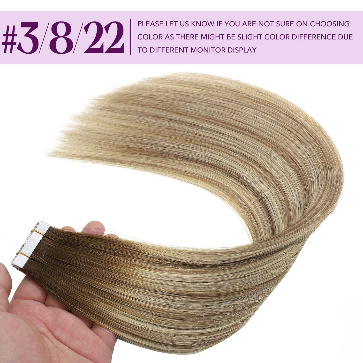 Sindra Extension Adhesive Cheveux Naturel, Brun à cendré Brun et blond 40CM Extension Bande Adhesive Cheveux Naturel 20PCS 50G (T40-3/8/22)