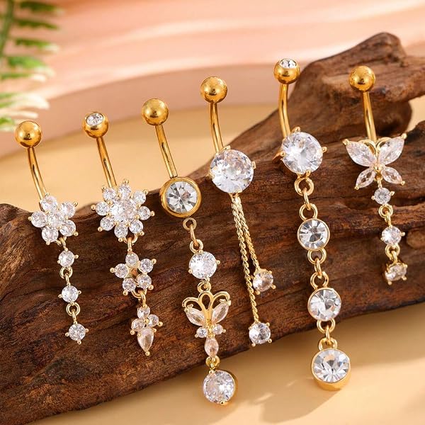 CharmBurst 5 Stück Hängendes Bauchnabelpiercing, Chirurgenstahl Bauchnabelpiercing Silber, Belly Button Ring mit Zirkonia, Wasserfestes Lang Belly Piercing Set - 4
