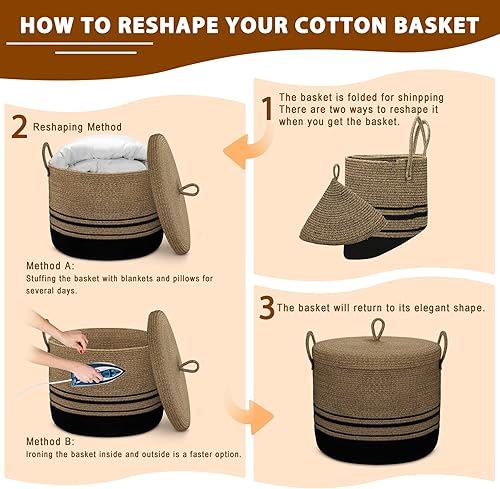 Miniatura 3 de Cesta de cuerda grande de 20.5 x 14.5 pulgadas con tapa, cesta de almacenamiento tejida para ropa sucia para bebé, canasta decorativa de juguetes
