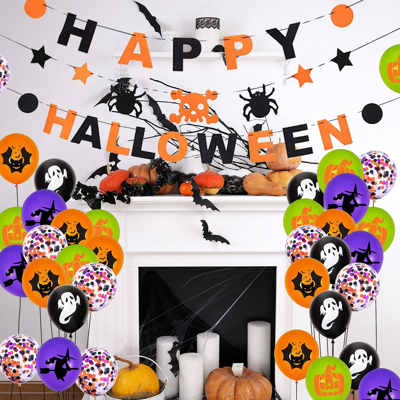 Skull Spider Star Circle Dot Garland and Pumpkin Ghost Bat Witch Confetti Balloons Burlap Bunting Banner Purple Green Orange Black Halloween Decorations for Farmhouse Indoor Outdoor Office Mantle Fireplace Decor