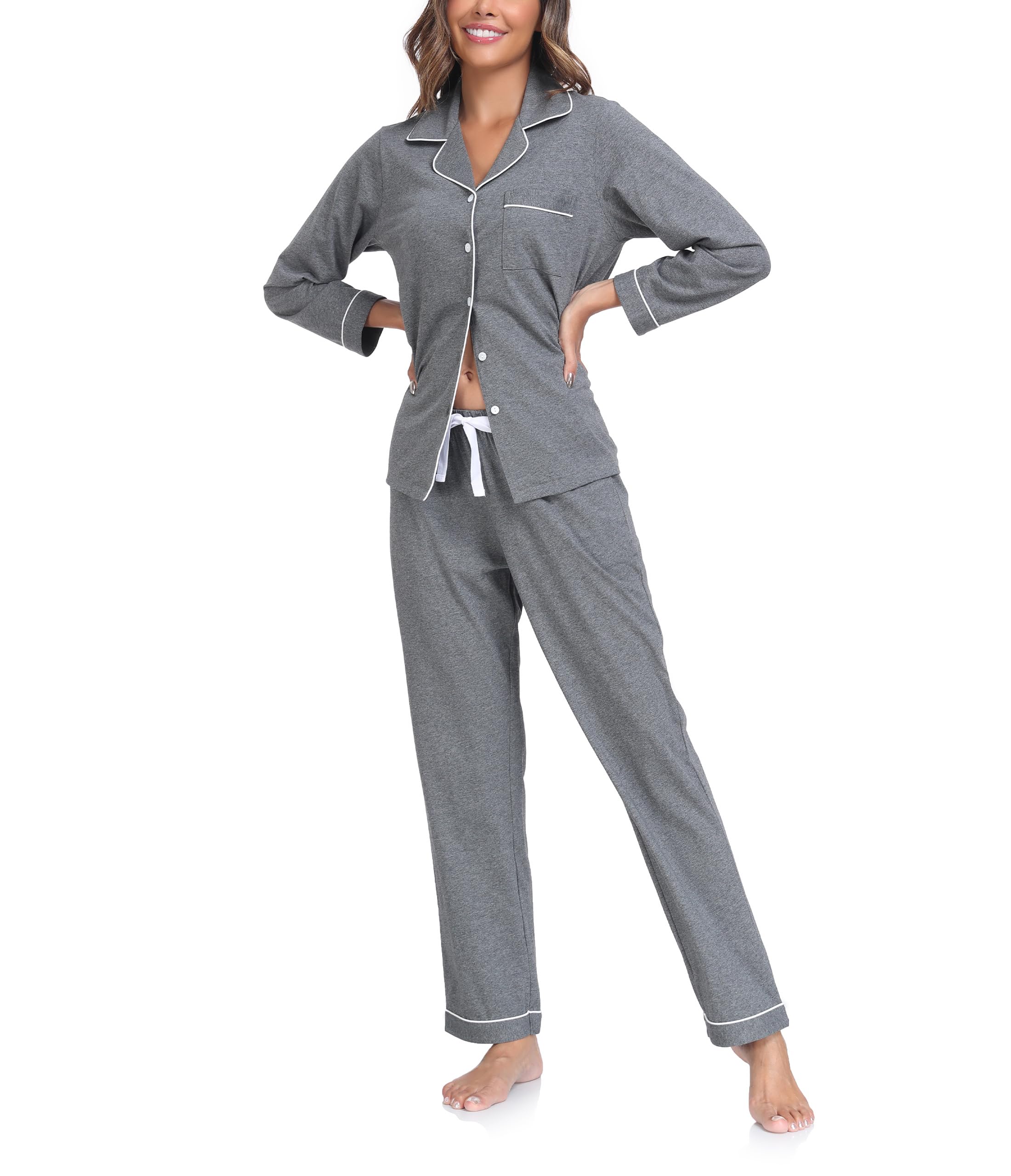 COLORFULLEAF Pigiama da donna, 100% cotone, con bottoni, a maniche lunghe, set da 2 pezzi, biancheria da notte