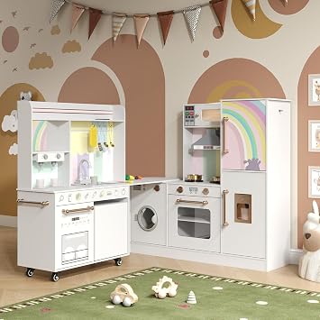 BVIUNTWO Large Play Kitchen Toy Set,Corner Rotatable Kids Kitchen Playset with Real Lights & Sounds,Toy Sink with Running Water,Interactive Role-Play Toy for Multiple Children,Ages 3+,White and Gold