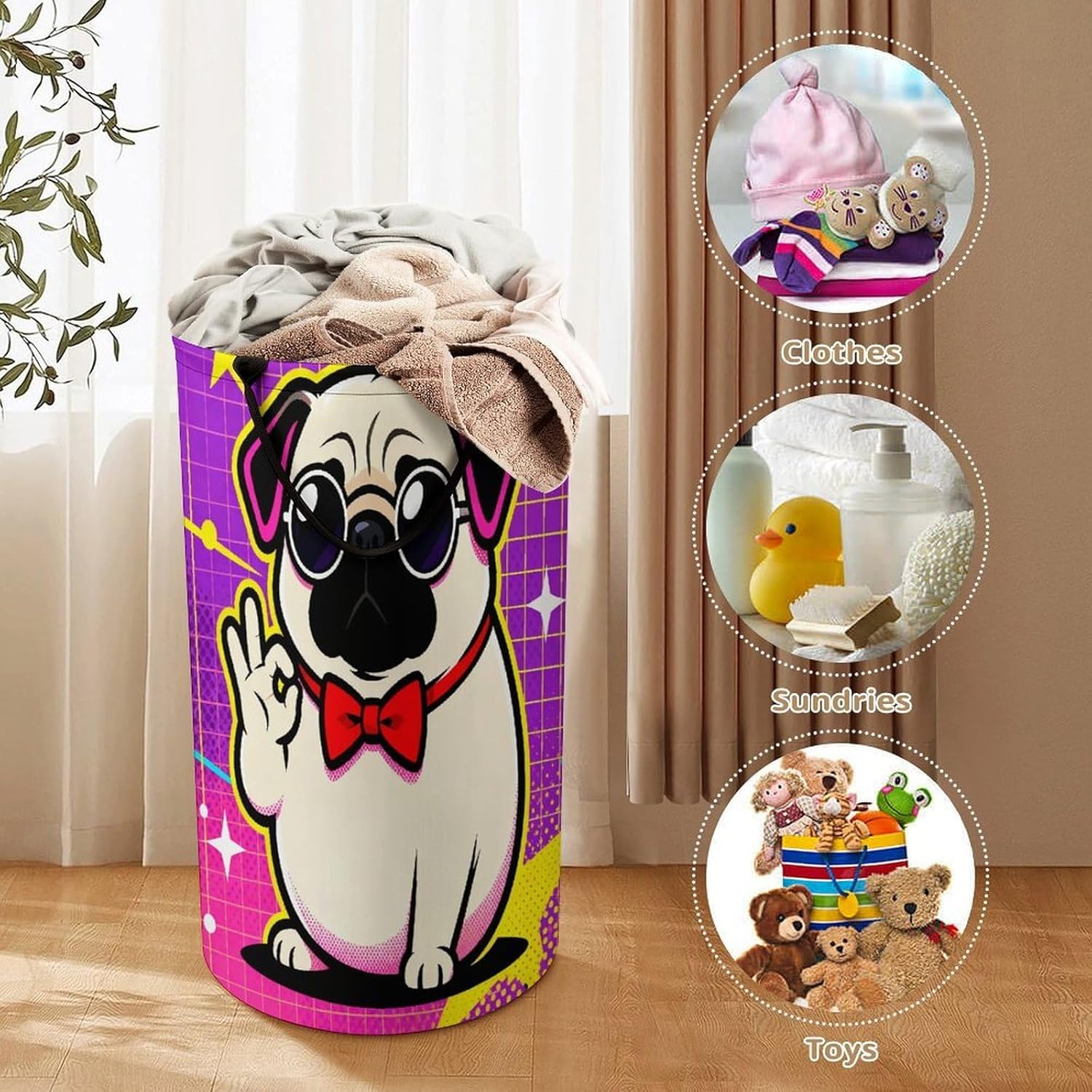 Cute Pug Dog Print Laundry Hamper Portable Lightweight Clothes Hampers Fashion Dirty Laundry Storage Basket Large Capacity Foldable Clothes Baskets for Bathroom Bedroom