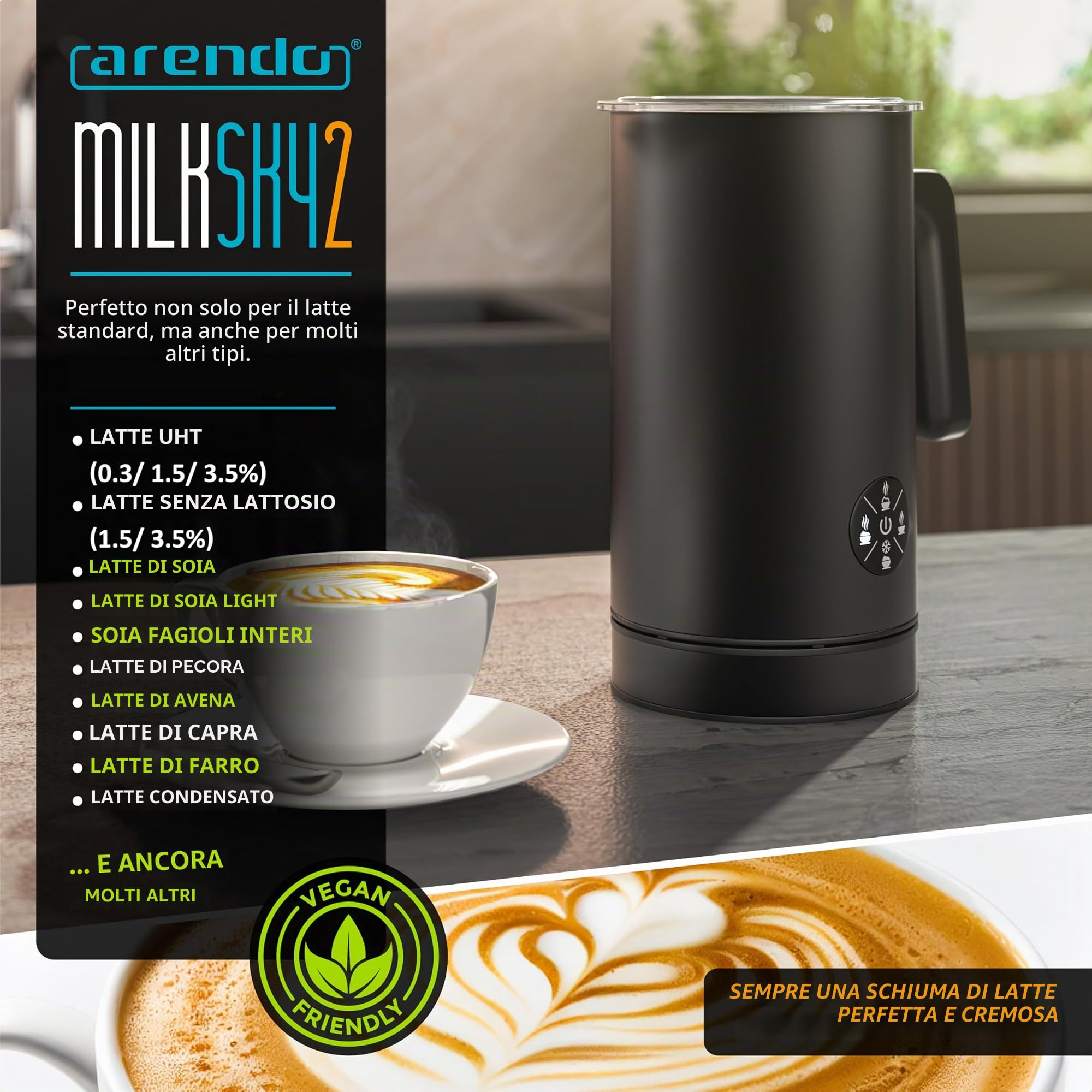 Arendo - Montalatte elettrico 4 in 1 - alloggiamento a doppia parete - 4 programmi - schiuma calda e fredda - schiuma solida cremosa - 150-300 ml - rivestimento antiaderente