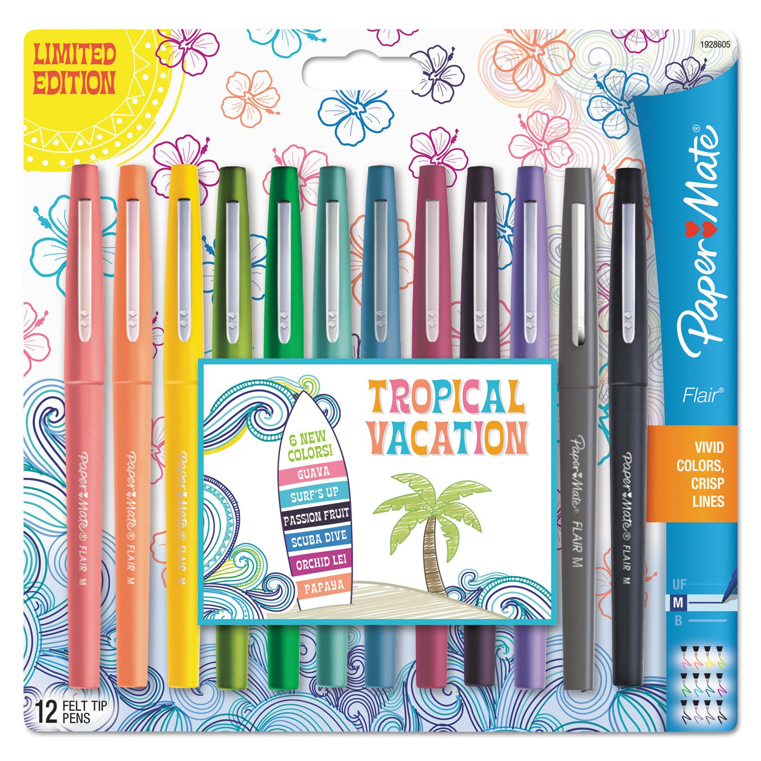 Paper MatePoint Guard Flair Felt Tip Porous Point Pen, Stick, Medium 0.7 Mm, Assorted Tropical Vacation Ink and Barrel Colors, Dozen