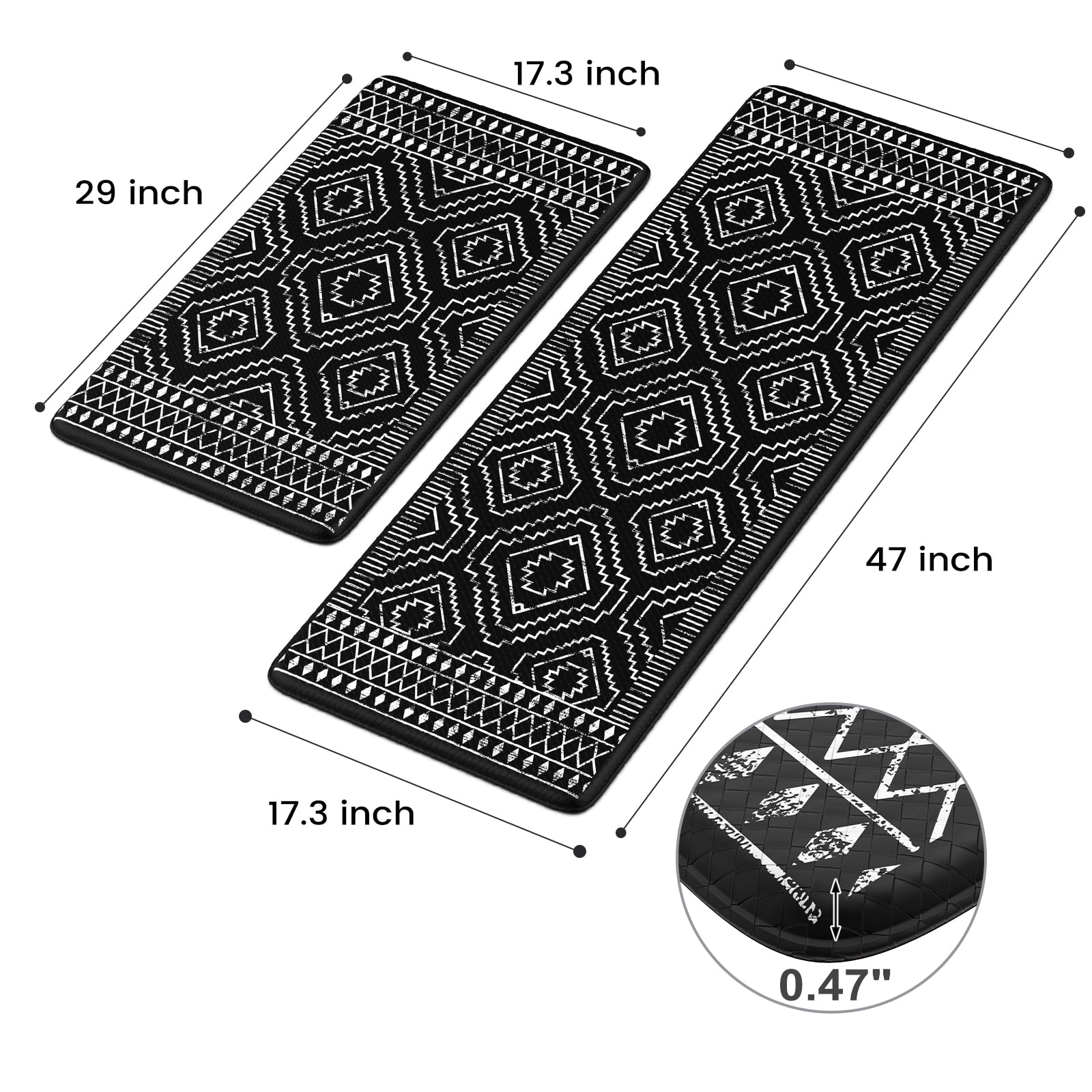 KIMODE Küchenmatte gegen Ermüdung, schwarz, Boho-Küchenteppich, rutschfest, 2er-Set, Küchenmatten für Boden, Marokko, geometrischer Memory-Schaum, gepolsterte Standmatten für Waschbecken, Wäsche, Büro