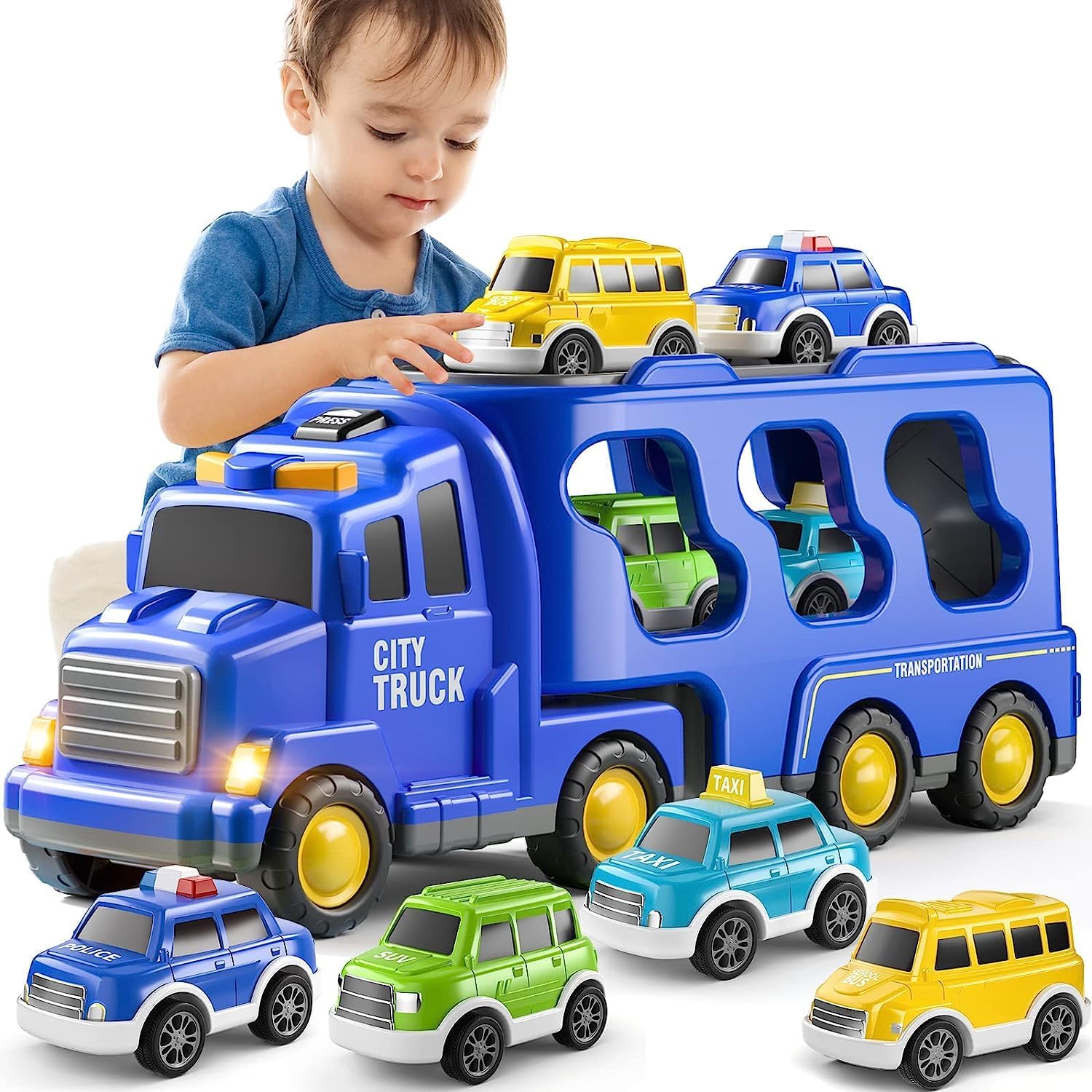Toddler Carrier Truck Transport Vehicles Toys - 5 in 1 Toys for 3 4 5 6 7 Year Old Boys, Kids Toy Cars for Toddlers 1-3, Friction Power Set for Kids 3-9, Christmas for 3+ (5 in 1 City Truck)