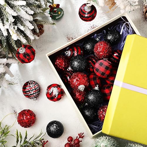 Miniatura 6 de 24 bolas de Navidad para árbol, adornos de Navidad rojos y negros de 1.2 in/1.18 pulgadas, bolas de lentejuelas con purpurina, decoración de árbol