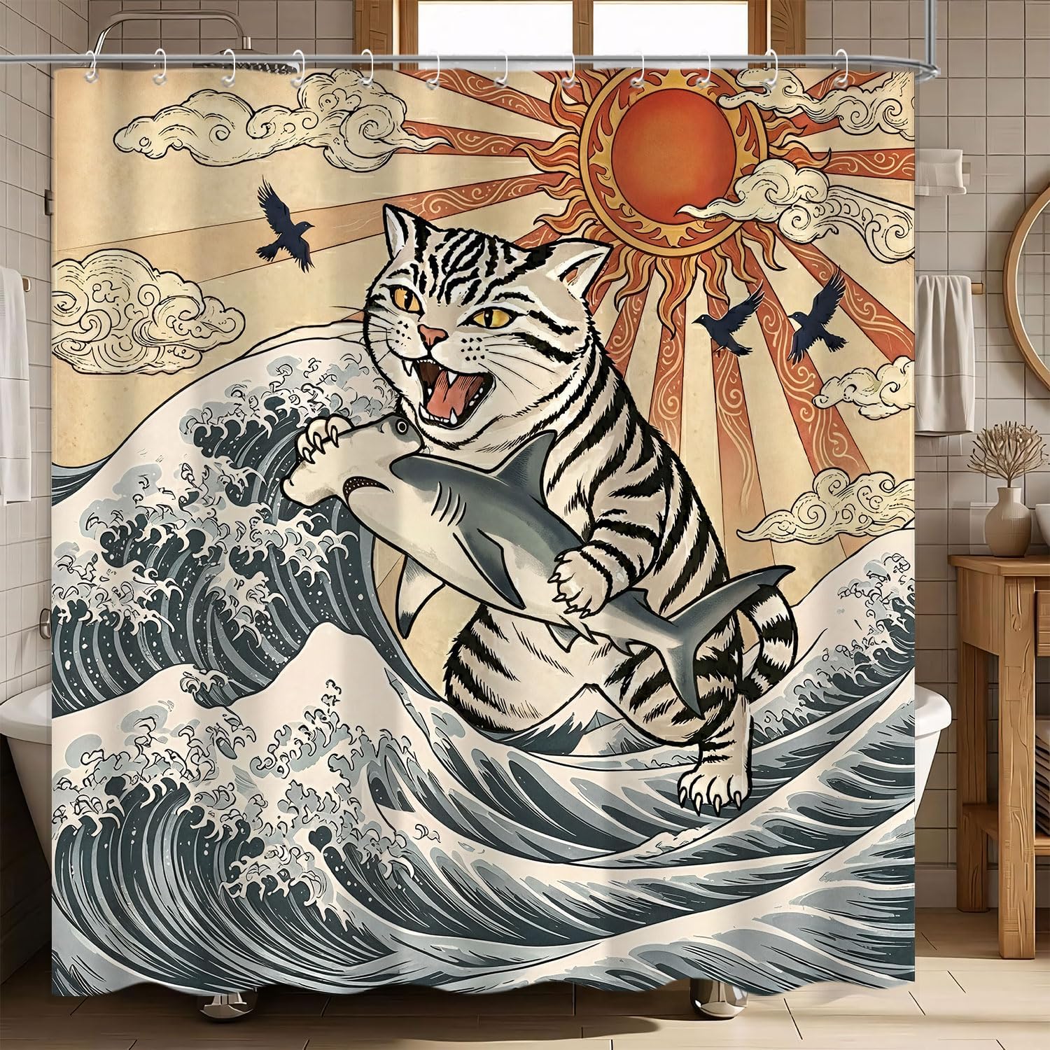 Japanese Funny Cat Catching Shark Shower Curtain, Anime Sunset Vintage Tale Great Wave Fabric Shower Curtain for Bathroom, Ukiyo-e Art Style Ocean Cool Animal Bath Curtain Set with Hooks 72x72In