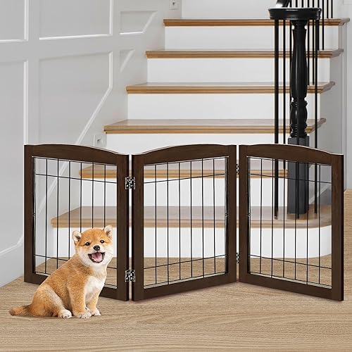 Miniatura 23 de LZRS Puerta independiente de madera extra ancha de 6 paneles: barrera de seguridad plegable de madera maciza y alambre de acero resistente a la