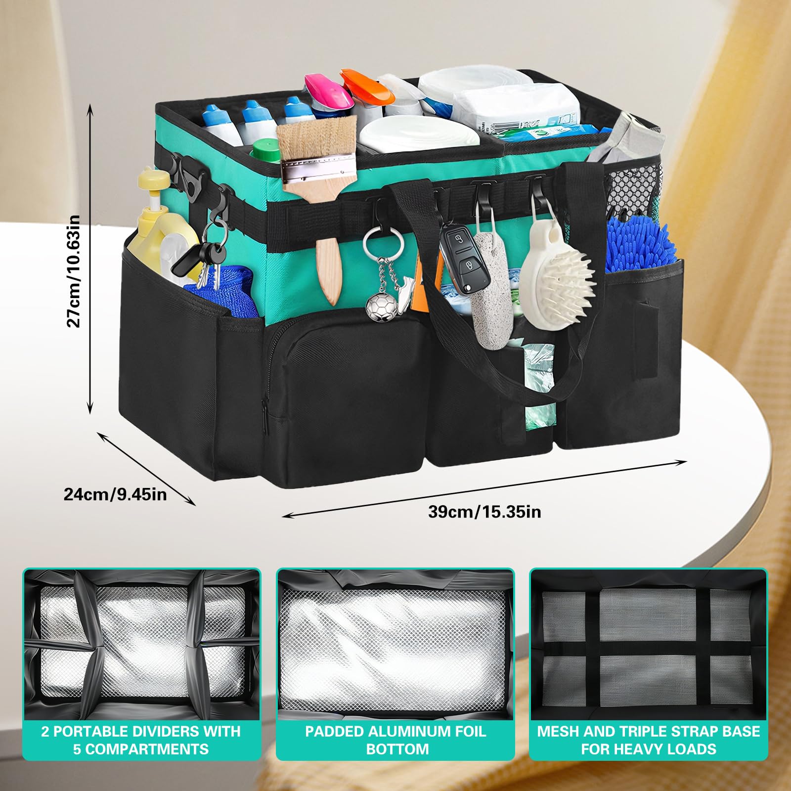 Reinigungs Organizer Tasche, 39*24*27 cm Reinigungs Caddy Organisator mit Griff und Verstellbarem Schultergurt Tragbare Reinigungstasche, Mehreren Taschen für Zuhause Auto Einkaufen Küche (Hellblau)