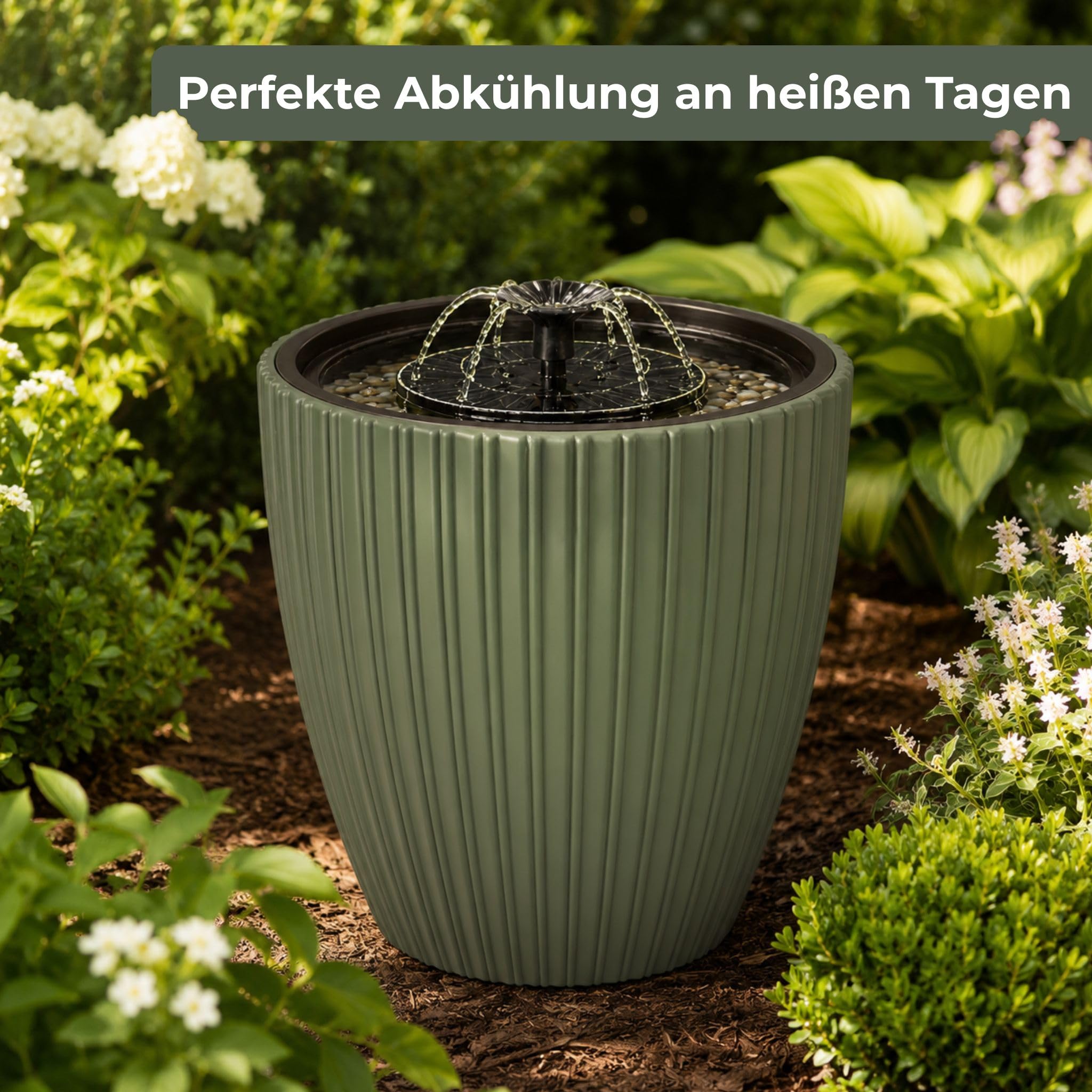 Fontana solare Premium con batteria, vaso verde tè Ø 39 x 58 cm, fontana da 3,5 W e pietre decorative