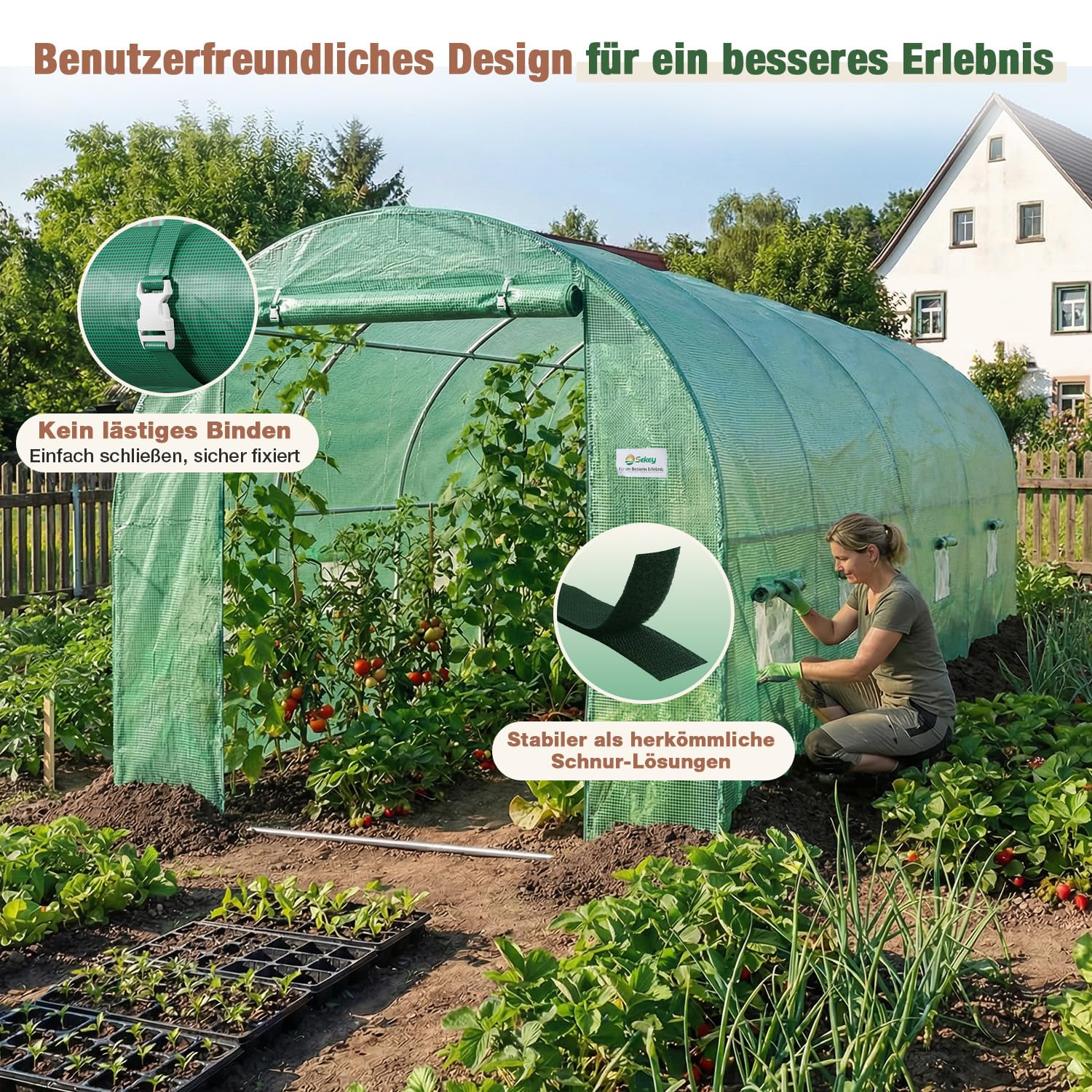 Sekey Gewächshaus Winterfest Foliengewächshaus verzinkt 4x2x2m - 8m² Folientunnel Stabil mit 2m Stehhöhe, Treibhaus, Tomatenhaus inkl. 2 Türen & 8 Fenster & Profi-Fixierungs-Set, 140g/m² PE-Folie