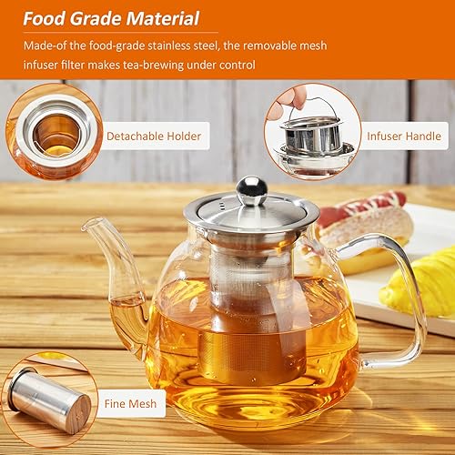 Miniatura 4 de Tetera de vidrio de 423fl oz tetera de vidrio con infusor extraíble de acero inoxidable tetera segura para estufa para té de hojas florecidas y