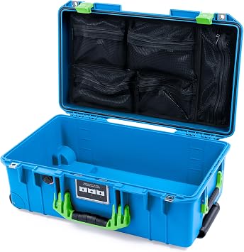 حقيبة حمل ColorCase Pelican Air 1535 باللون الأزرق الكهربائي - حقيبة مقاومة للماء متوسطة الحجم مع منظم غطاء شبكي فقط - مقابض ومزالج باللون الأخضر الليموني
