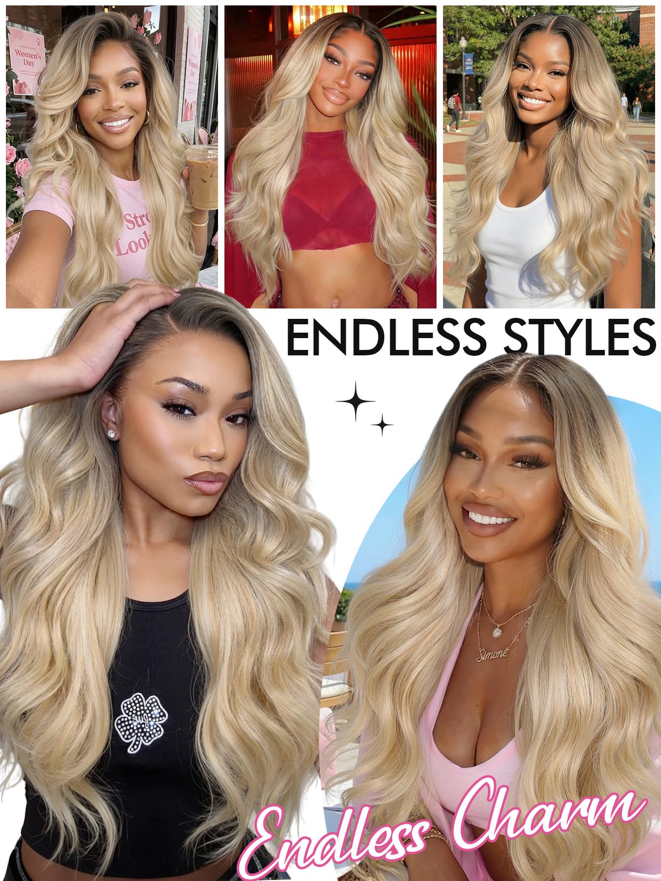 WIGNEE 13x6 Lace Front Wig Ombre Blond Flip Curl Salonowy Styl Dla Kobiet | Włókno Futura odporne na ciepło, Bezklejowa HD Lace Front falista peruka, 74 cm modne Flip Curl dla kobiet