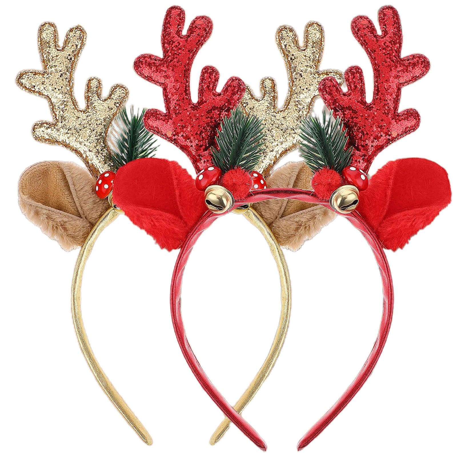 2 Pieces Christmas Headbands, Glitter Headbands For Women Antler Headband With Bell Hats Holiday Decorations For Christmas Party Xmas Dinner And Photos Booth (Gold, Red)