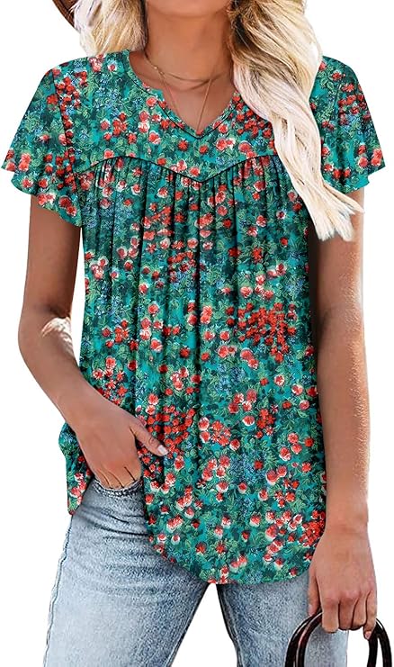 KISSMODA Tops for Womens Summer Cute Short Sleeve Shirts Trendy Notched Neck Blouses Casual Loose Pleated Tunics S-3Xl