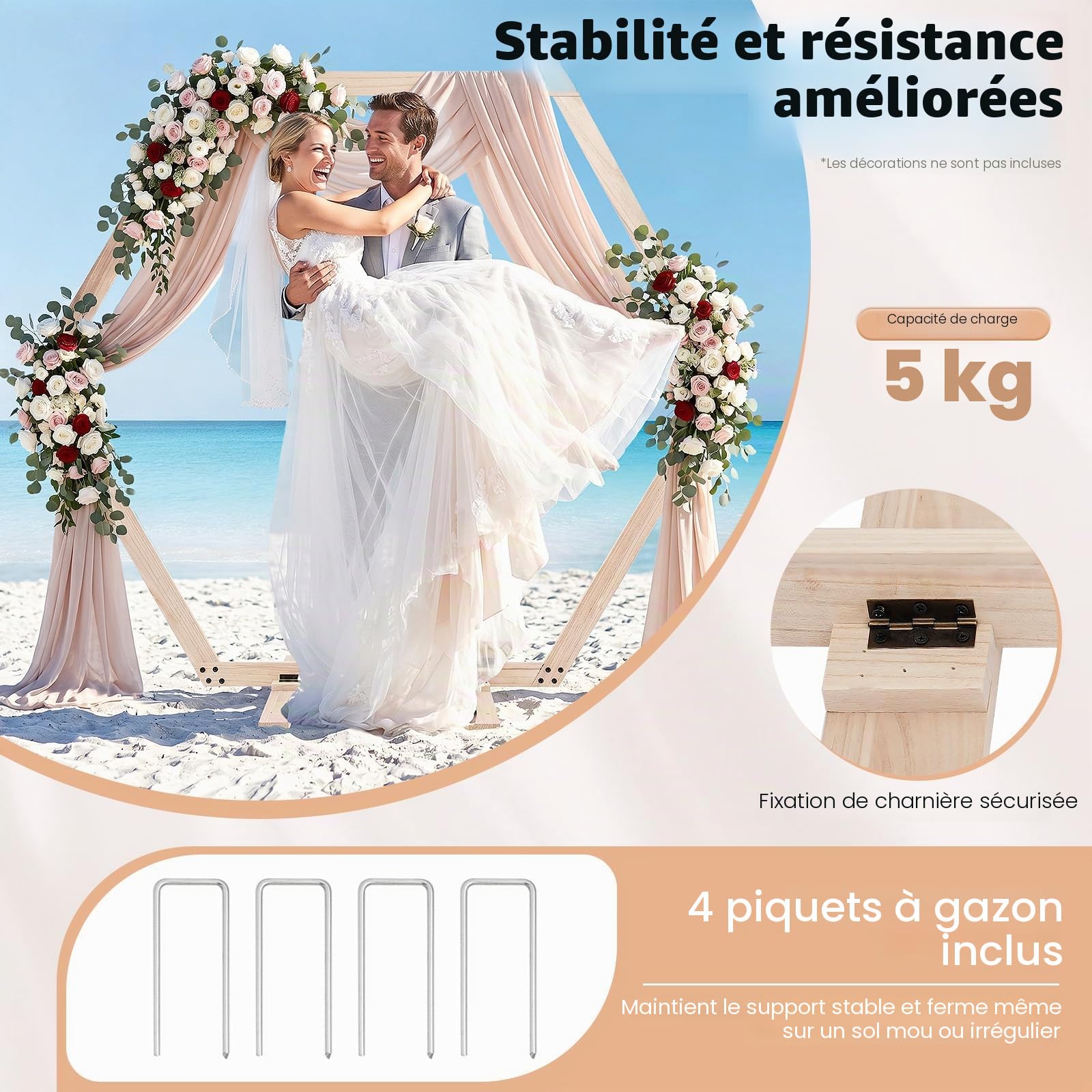 Arche de mariage - Cadre hexagonal - 2,33 m - Arche de mariage - Support en bois - Pour mariages, fêtes d'anniversaire, événements commerciaux, etc