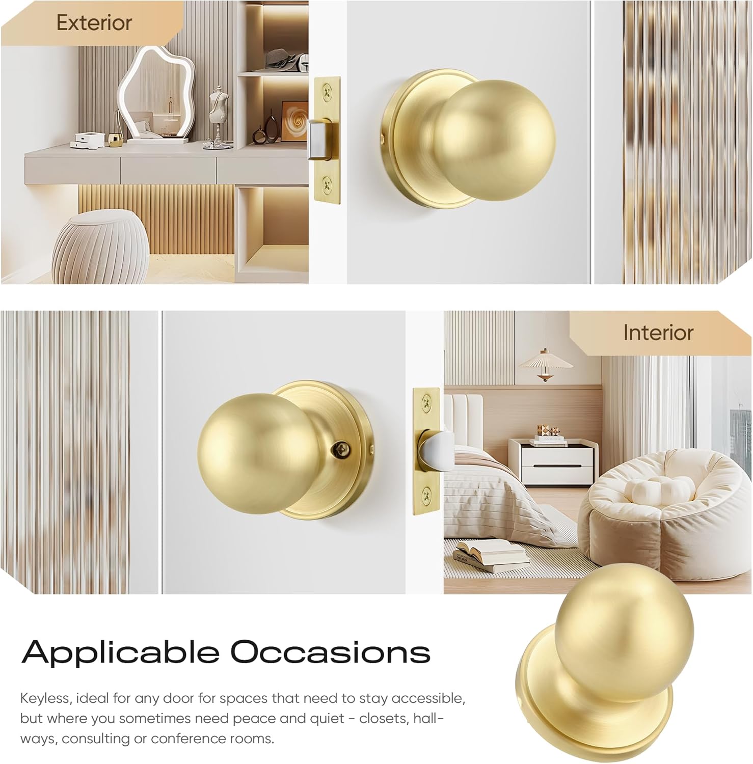 Leydebong 5 Pack Interior Door Knobs, Satin Brass Door Handles, Keyless Non-Locking Passage Door Knobs