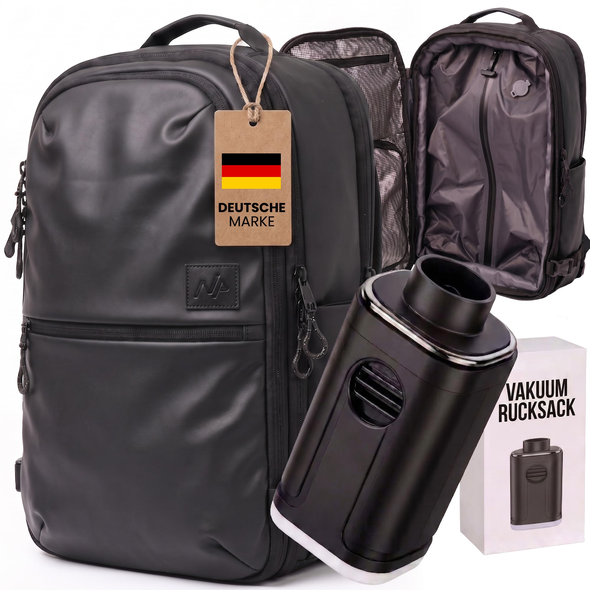 Vakuum Rucksack Handgepäck 49x32x20 Mit Pumpe – Reiserucksack Vakuum Kabinenrucksack Für Flugzeug, Vacuum Rucksack Mit Kofferöffnung, USB-Port & TSA Schloss (Schwarz)
