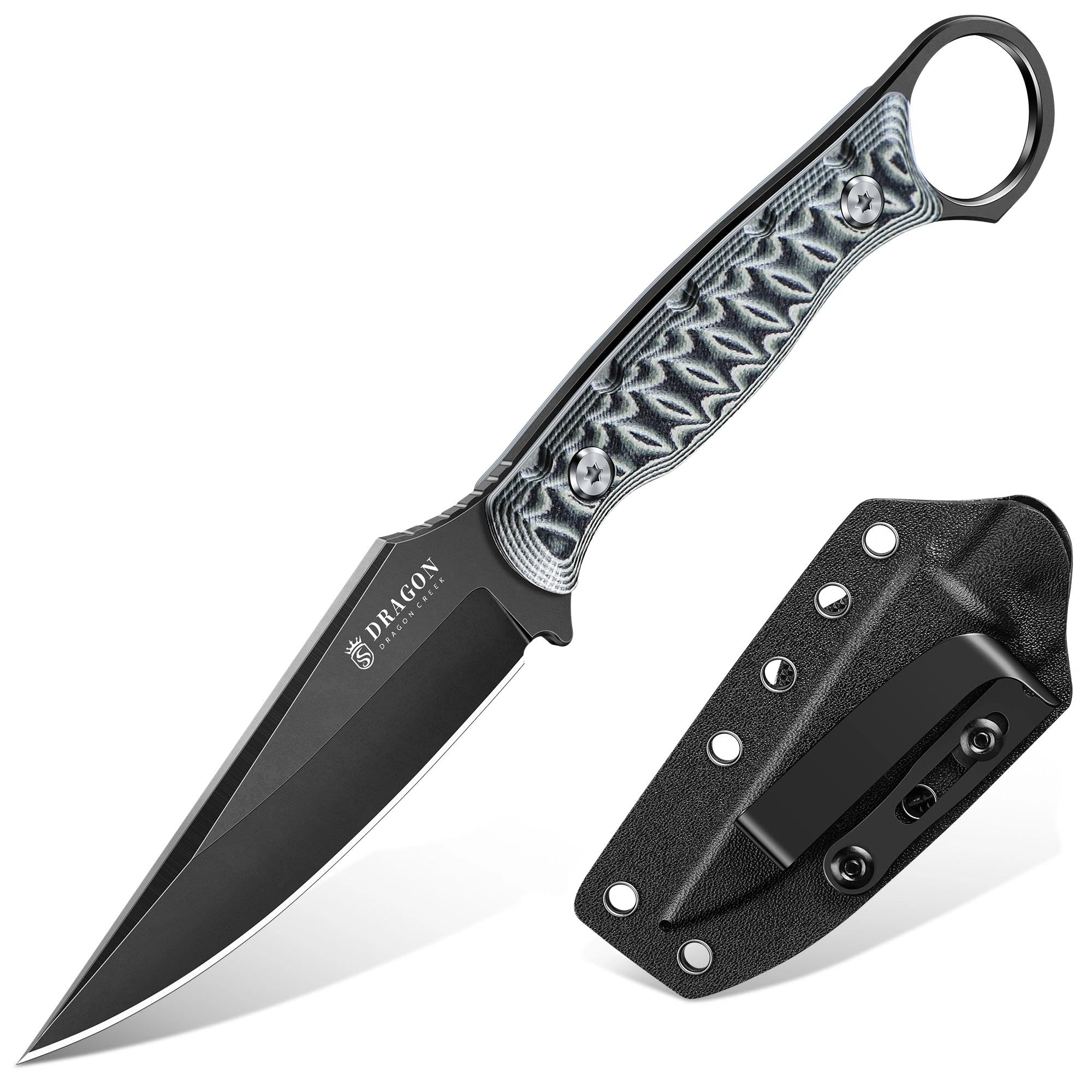 Dragon Creek Feststehendes EDC-Messer, ausgestattet mit Kydex-Scheide und Taschenclip Die einteilige Vollkonstruktion eignet sich für Outdoor, Camping, und Wandern(Grey)