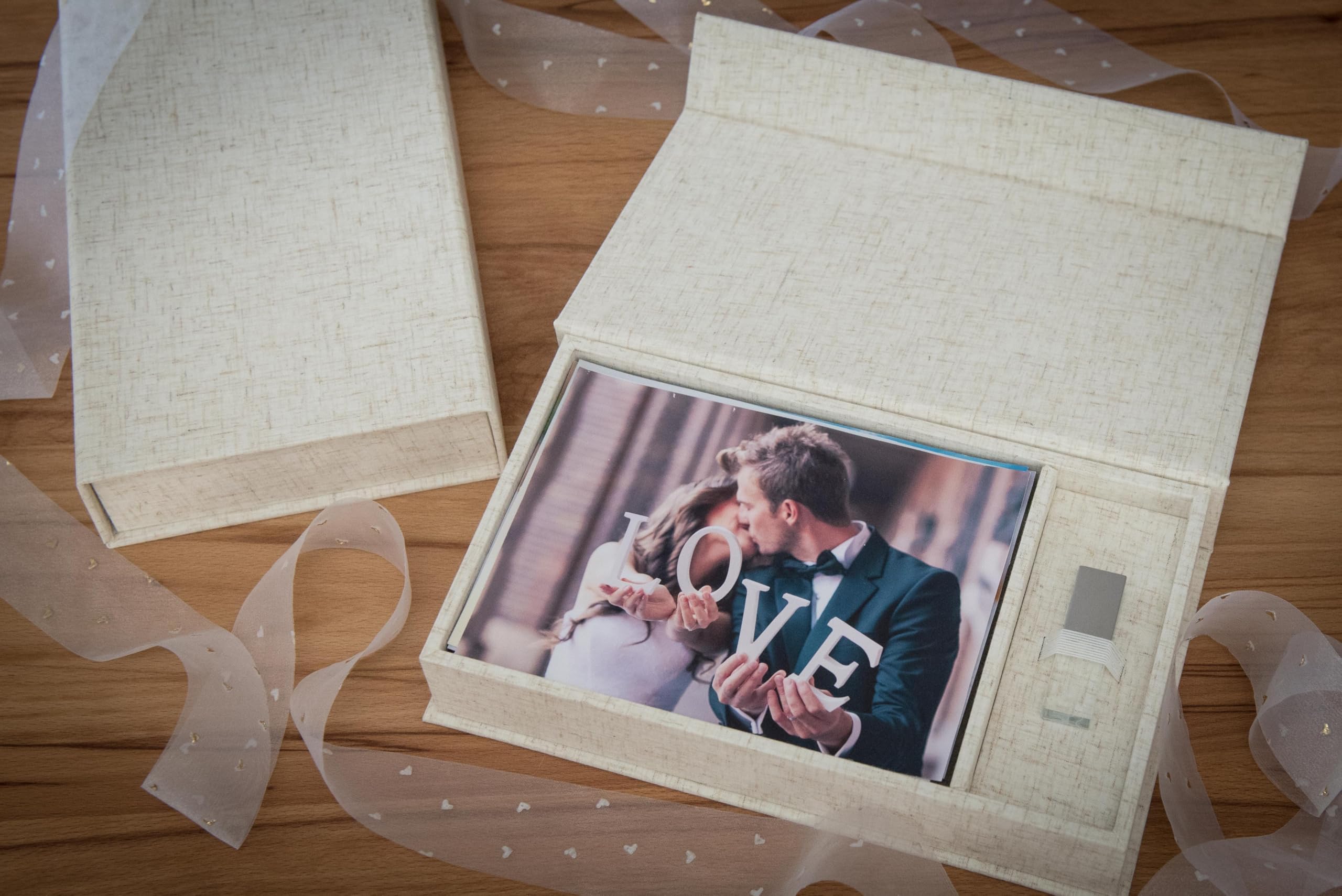Scatola porta USB per matrimonio, con scatola per foto, 13 x 18 cm, tessuto di lino, colore naturale