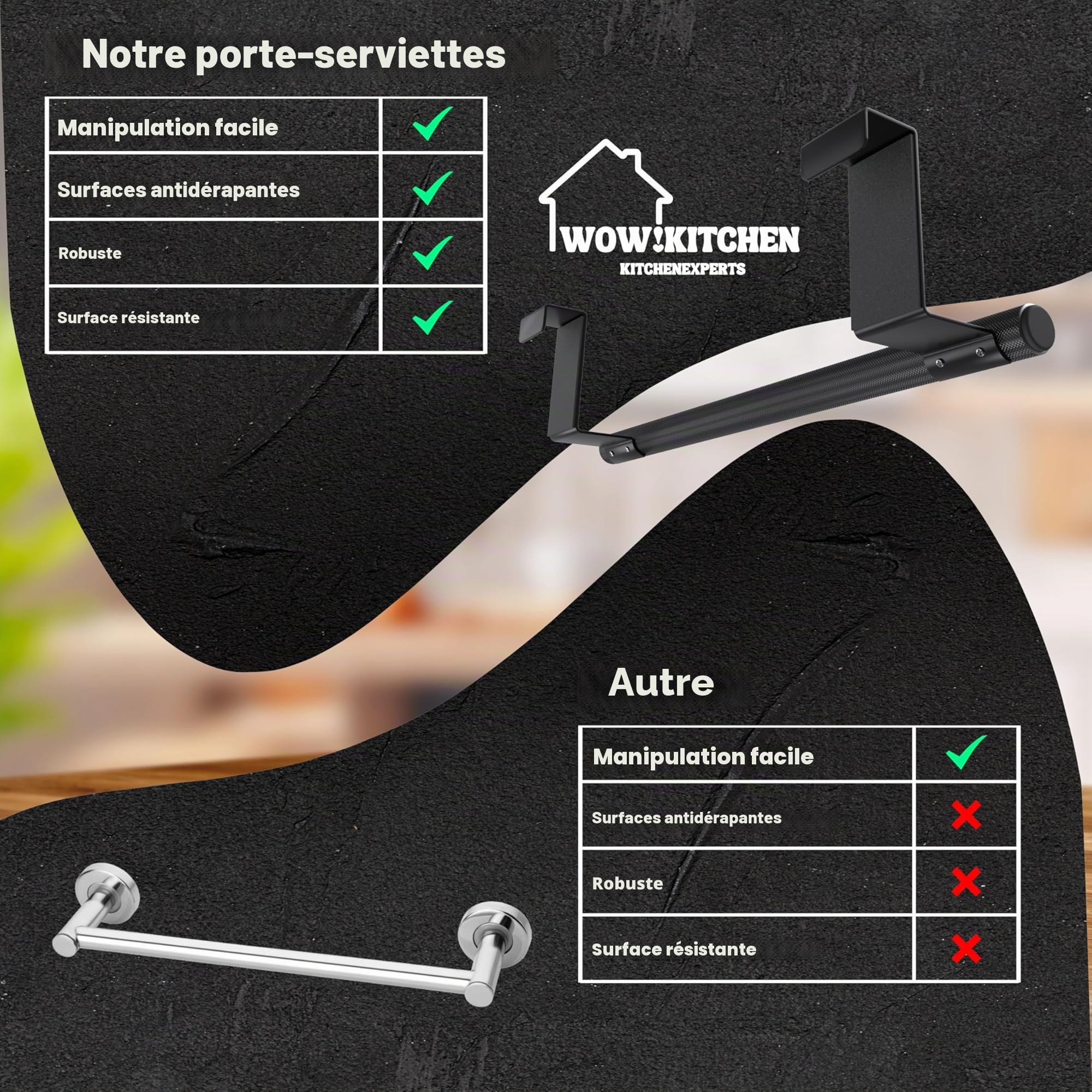 Wow!Kitchen Porte-serviettes sans perçage pour cuisine – Antidérapant et stable – Les torchons restent accrochés grâce à la surface spéciale – Pas de collage, pas de perçage – Noir