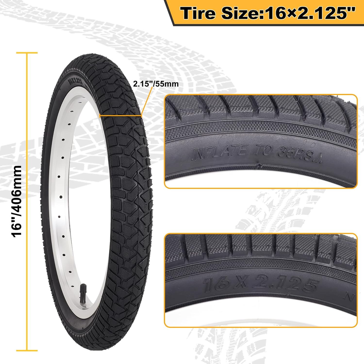 16 x 2.125 Kids Bike Replacement Tires Set Folding Bicycle Tires, 16" Premium Butyl Rubber Puncture-Resistant Tires and Bike Tubes with Schrader Valve for Road Bike 2 Pack