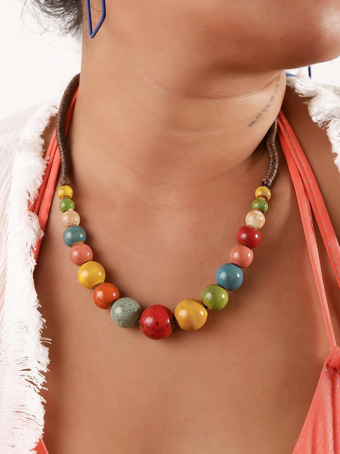 MINACHI Hippie Boho Colorful Ceramic Round Beads Strand Necklace, Bohemian Fashion Statement Jewelry Gift for Women - Image 5