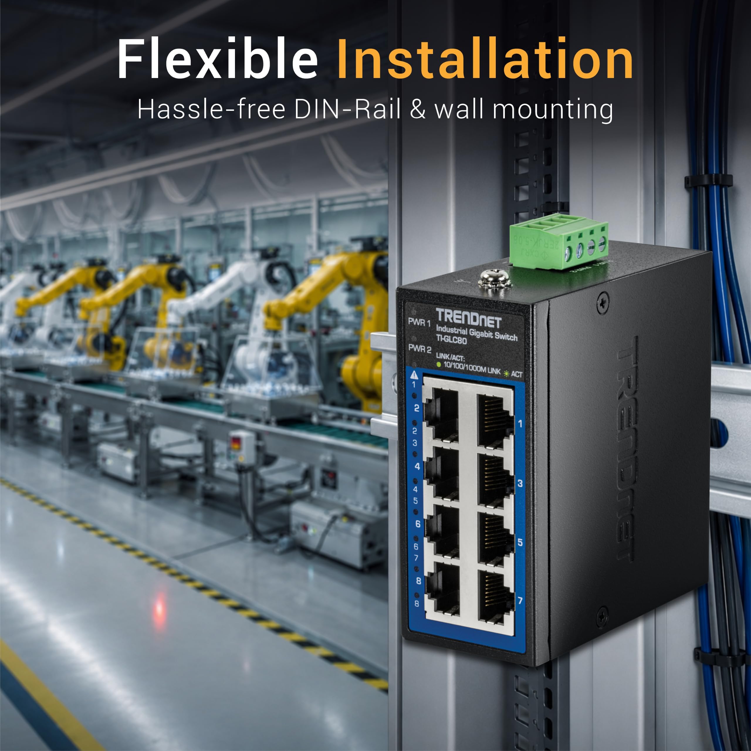 TRENDnet Mini commutateur Industriel Gigabit DIN-Rail 8 Ports, TI-GLC80, 8 Ports Gigabit, température extrême IP30, capacité de Commutation 16 Gbit/s, Noir