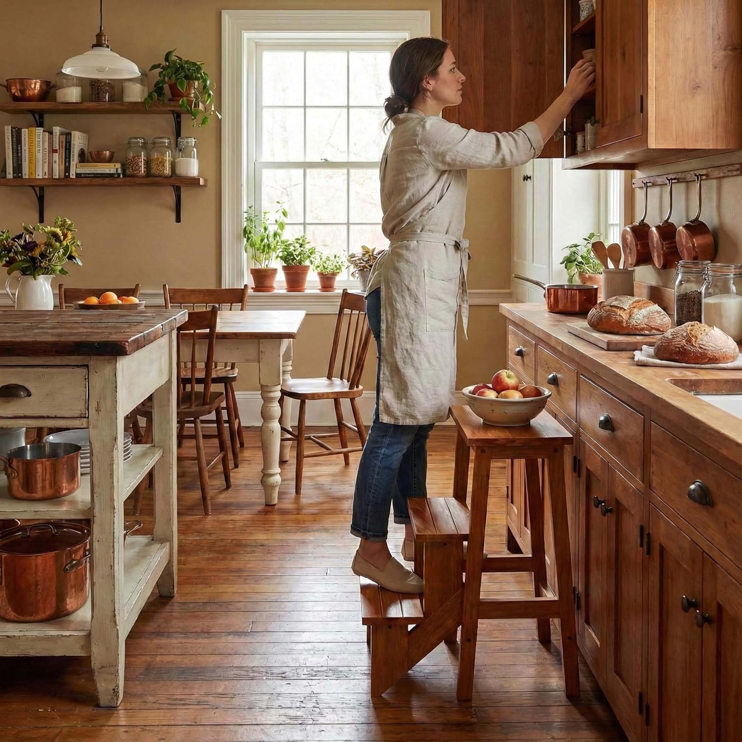 SIMOE Folding 3 Step Stool, 3 in 1 Wooden Step Ladder with Handle, Non-Slip Pedal, Multifunctional Storage Shelf, Flower Rack for Kitchen, Library, Garage