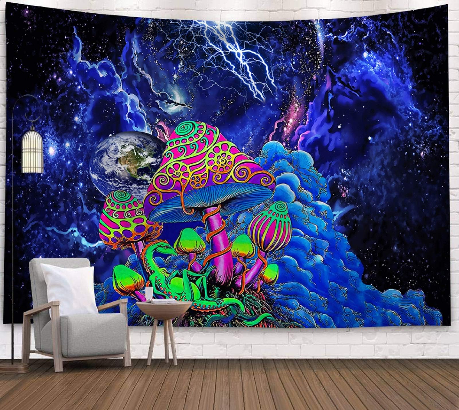 Zodight Galaxy Psychedelic Tapestry, Blue Mushroom Trippy Wall Tapestry Planet Nebula Lightning Tapestry Wall Hanging, Abstract Surreal Tapestries for Bedroom Dorm Home