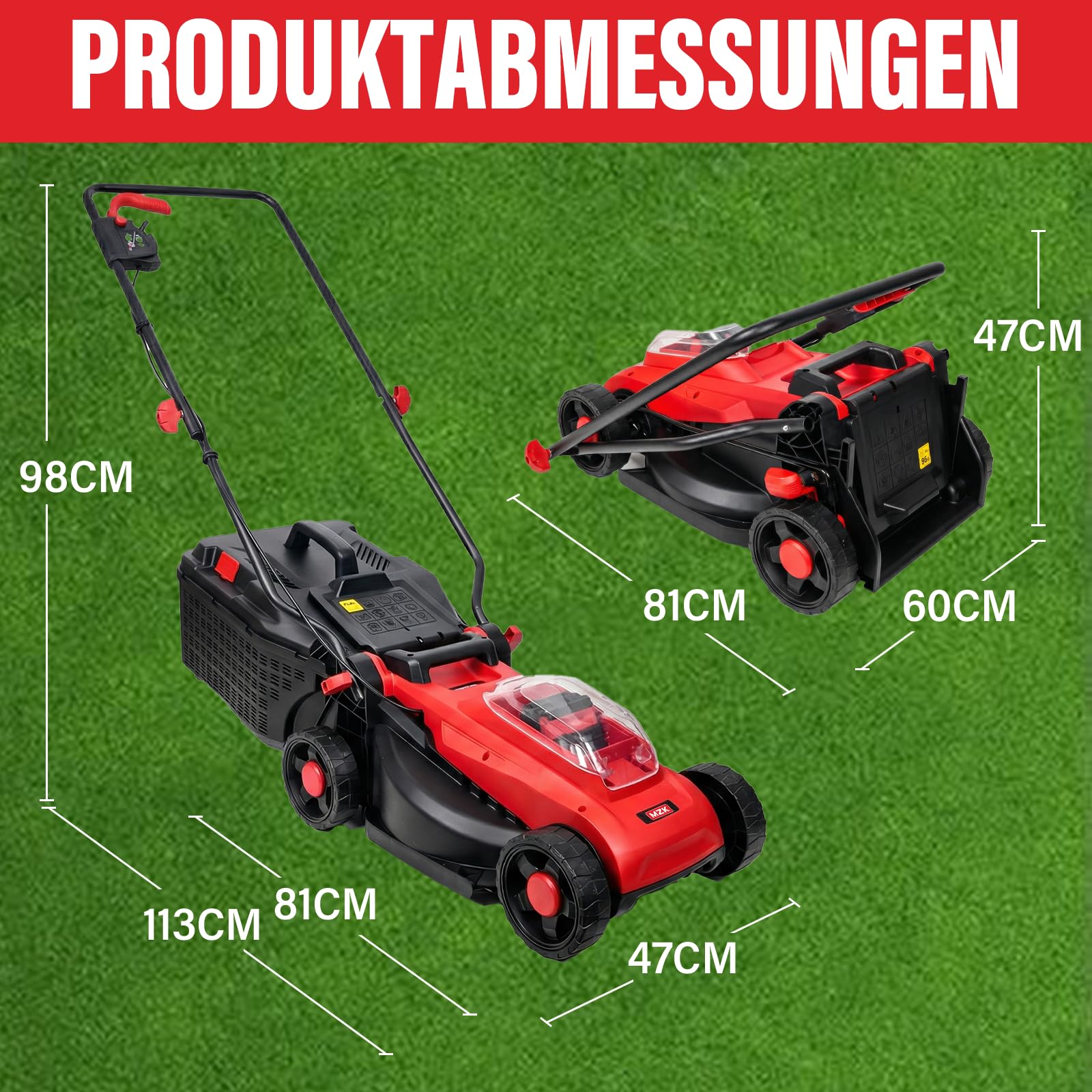 MZK 20V Akku-Rasenmäher 34 cm, bürstenlos, 2X 4Ah Akku | Leiser Schiebemäher mit 31L Fangkorb und 4 Schnitthöhen; ideal für kleine bis mittlere Rasenflächen.