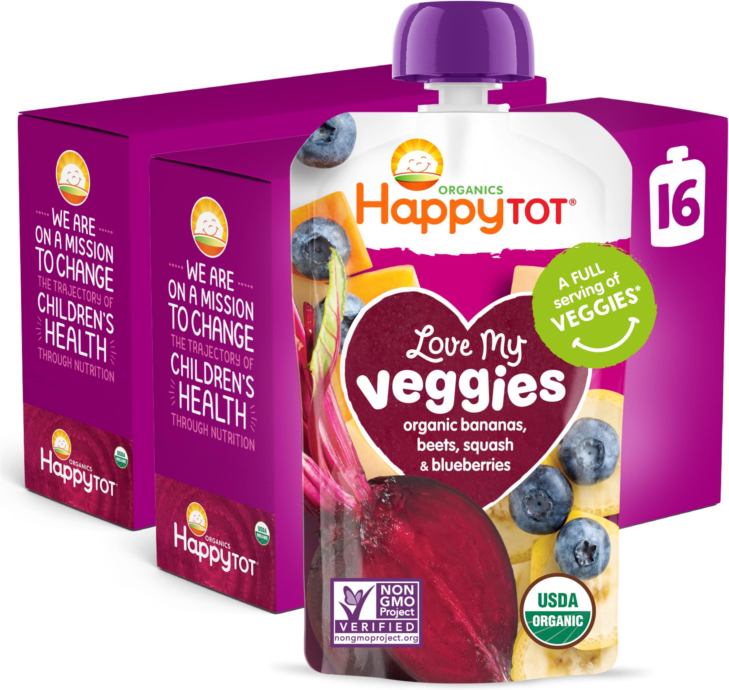 Organics Stage 4 Baby Food Pouches, Gluten Free, Vegan Snack, Love My Veggies, Fruit & Veggie Puree, Banana, Beet, Squash & Blueberry, 4.22 Ounce (Pack of 16)